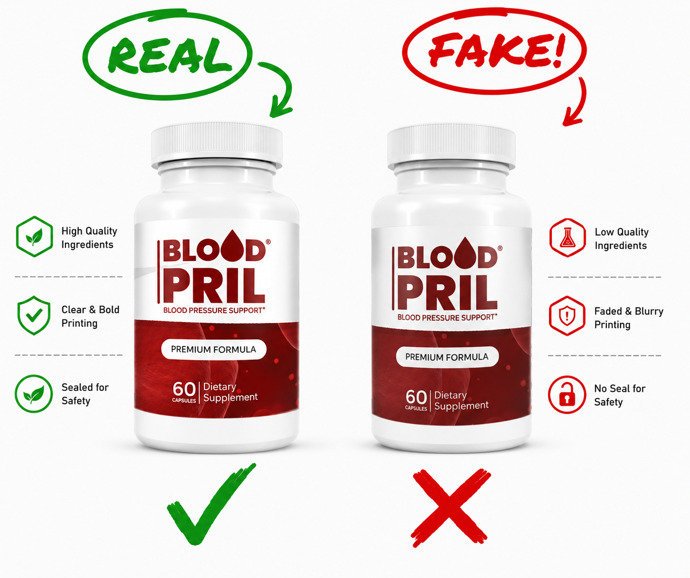 Real vs Fake BloodPril bottle comparison — high quality ingredients, clear printing and safety seal on authentic bottles