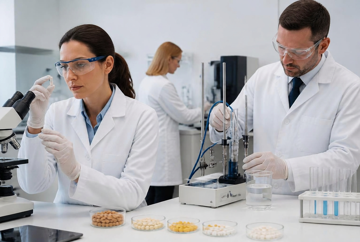 Researchers in a clean pharmaceutical-grade laboratory